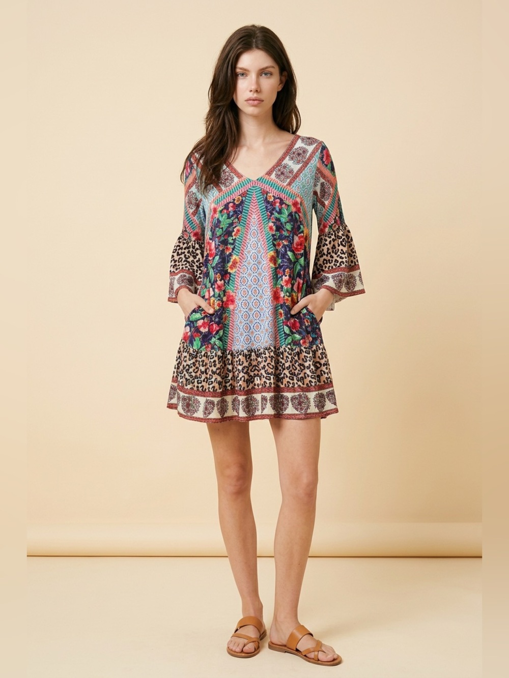 Umgee Multicolor Floral & Leopard Print V-Neck Mini Dress